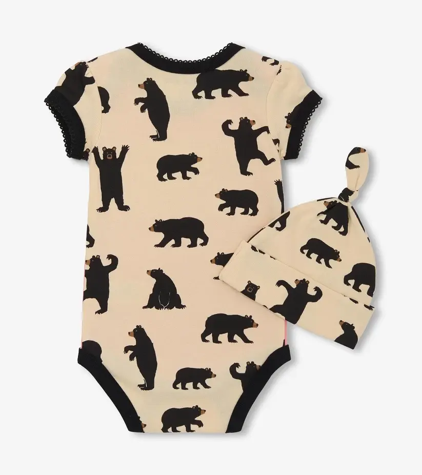 Back view of the Little Blue House Baby Bear bodysuit and knotted hat set at Tickled Pink.