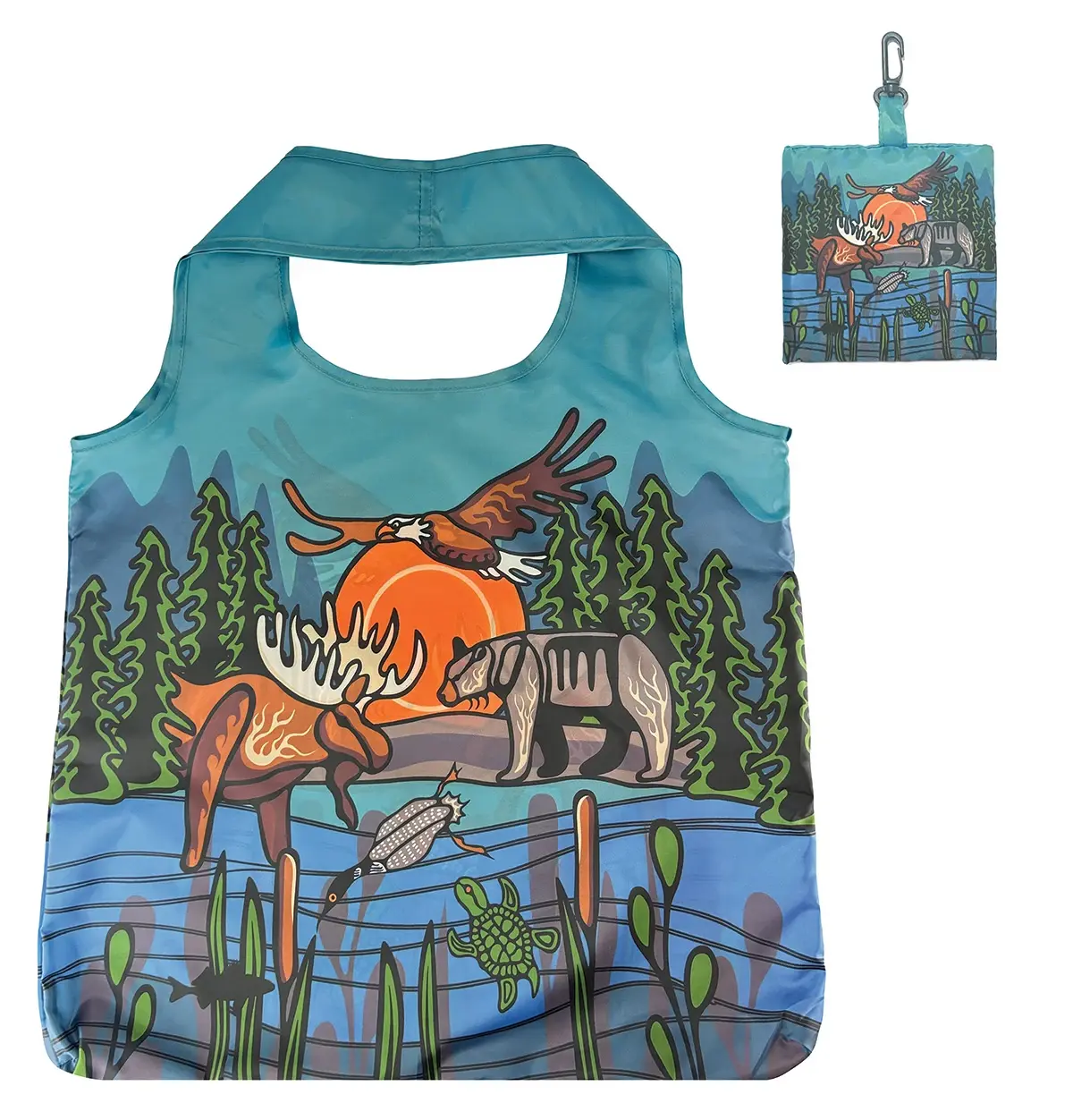 Indigenous Art Reusable Shopping Bag All My Relatives by Storm Angeconeb with storage pouch at Quichua.
