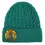 Thumbnail: Front view of cuffed teal cable-kni toque with print of artist Leah Dorion's Strong Earth Woman painting on embroidered patch