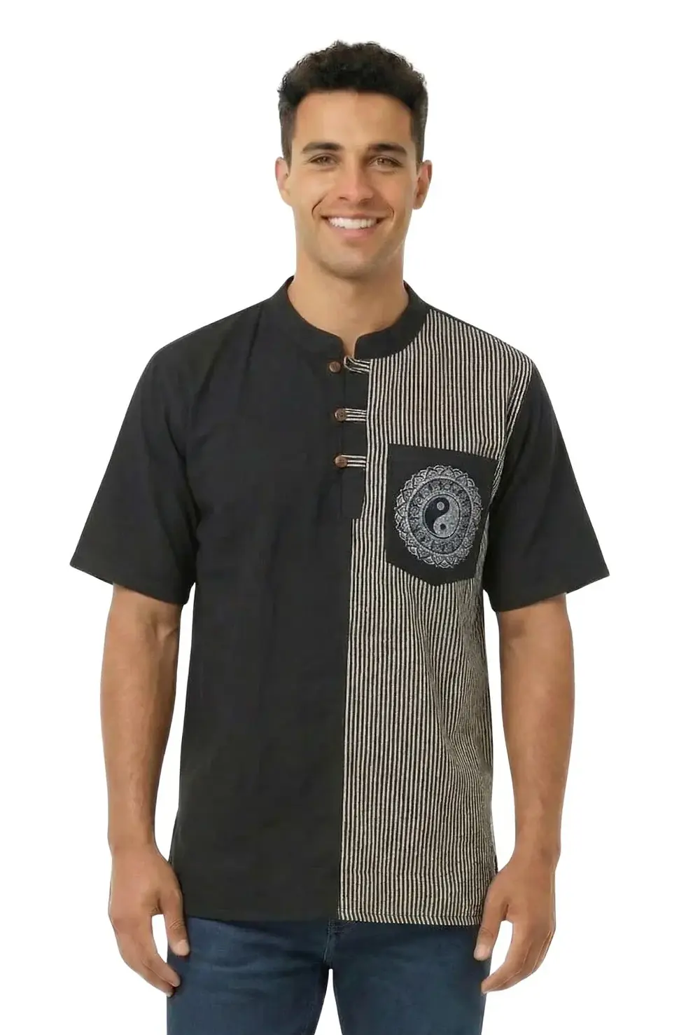 Thumbnail: Front view of model in short sleeved black shirt with narrow grey stripes on one side & yin-yang symbol on chest pocket