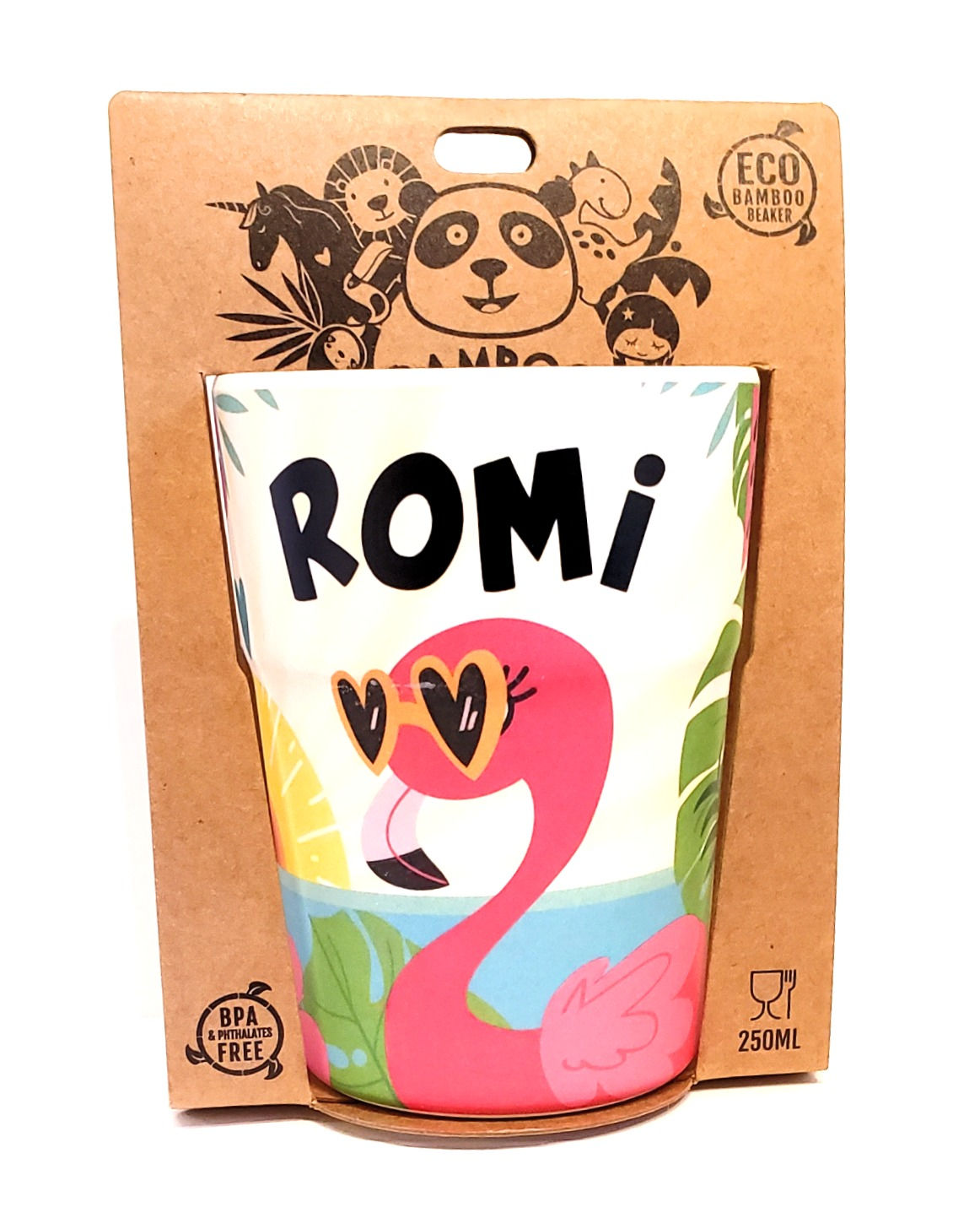 Colorful kids beaker with image of pink flamingo & black text 'Romi' in brown cardboard packaging with panda logo