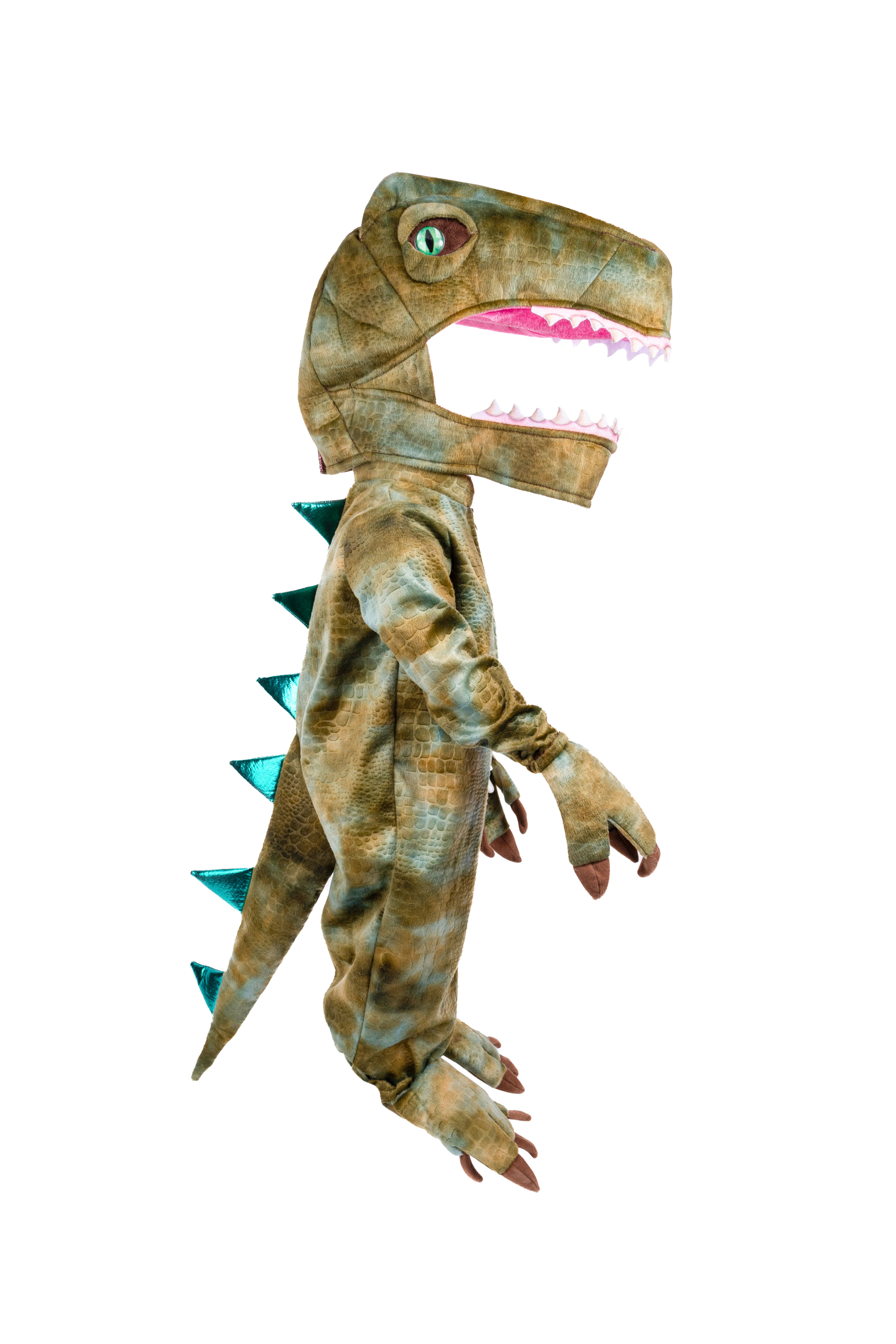 Side view of brownish green raptor costume with full head piece
