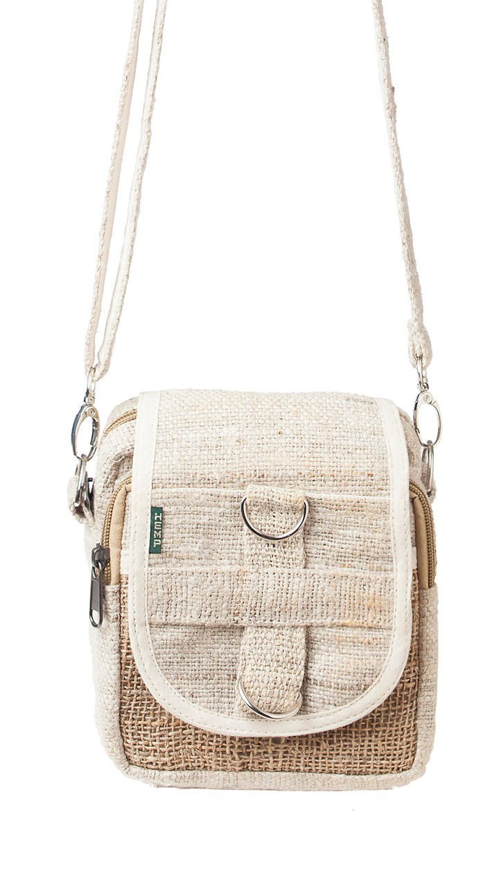Close up-Ark Fair Trade hemp mini purse-long adjustable detachable shoulder strap-2 zipper pockets-fold-over flap natural
