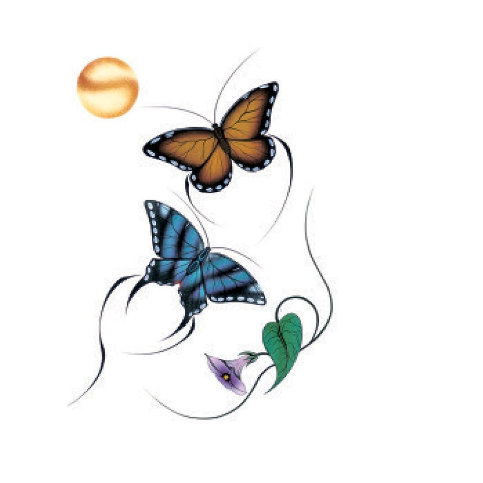 Delicately drawn temporary tattoo of 2 butterflies & 2 flowers by Garnet Tobacco