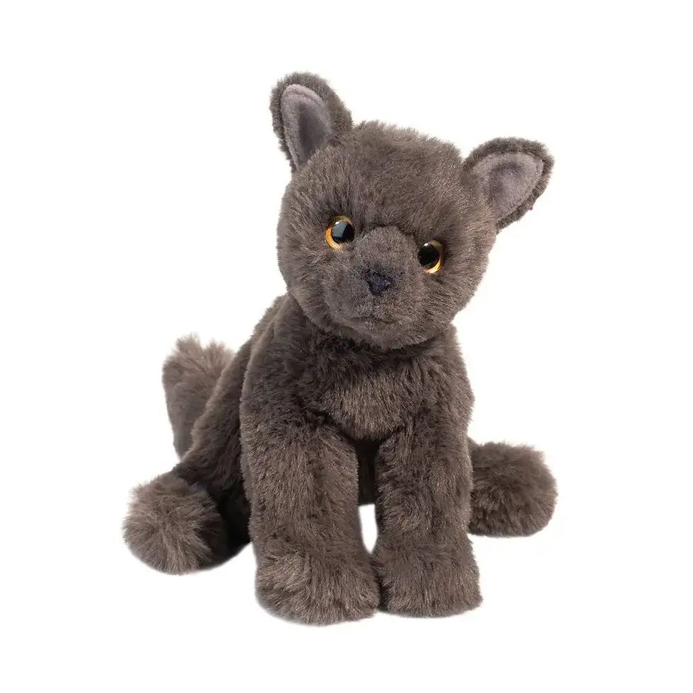 Angled front left view of gray stuffed toy cat in seated position
