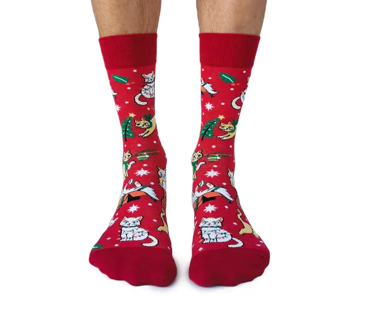 Front view of pair of red socks with print of festive cats