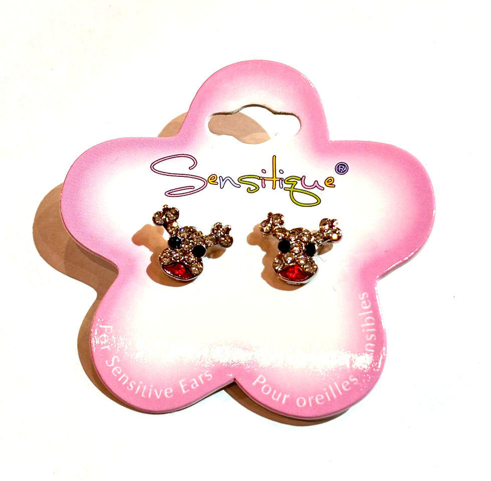 Pink & white flower shaped card holding pair of stud earrings with reindeer face in crystals