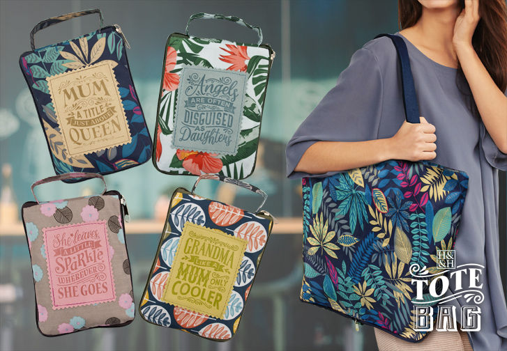 Group of 4 folded reusable shopping bags with various printed sentiments beside a model with unfolded bag over her shoulder