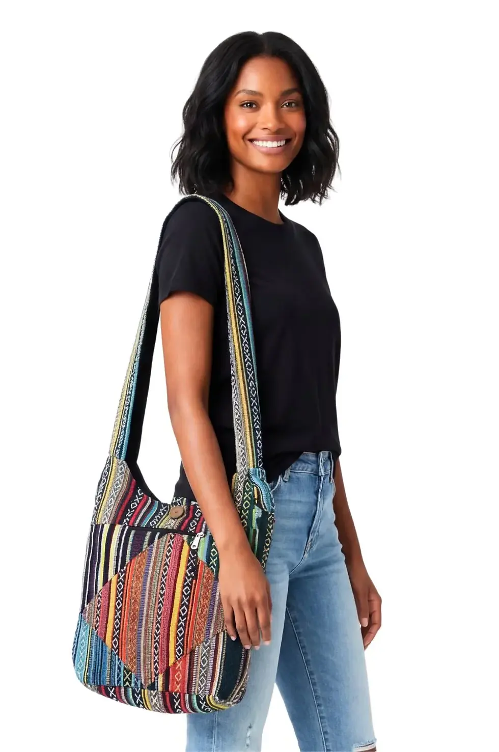 Model with striped patchwork shoulder bag with button closure on shoulder