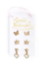 3 pairs of child's stud earrings - butterfly, heart & crown shapes gold-colored & crystals - carded