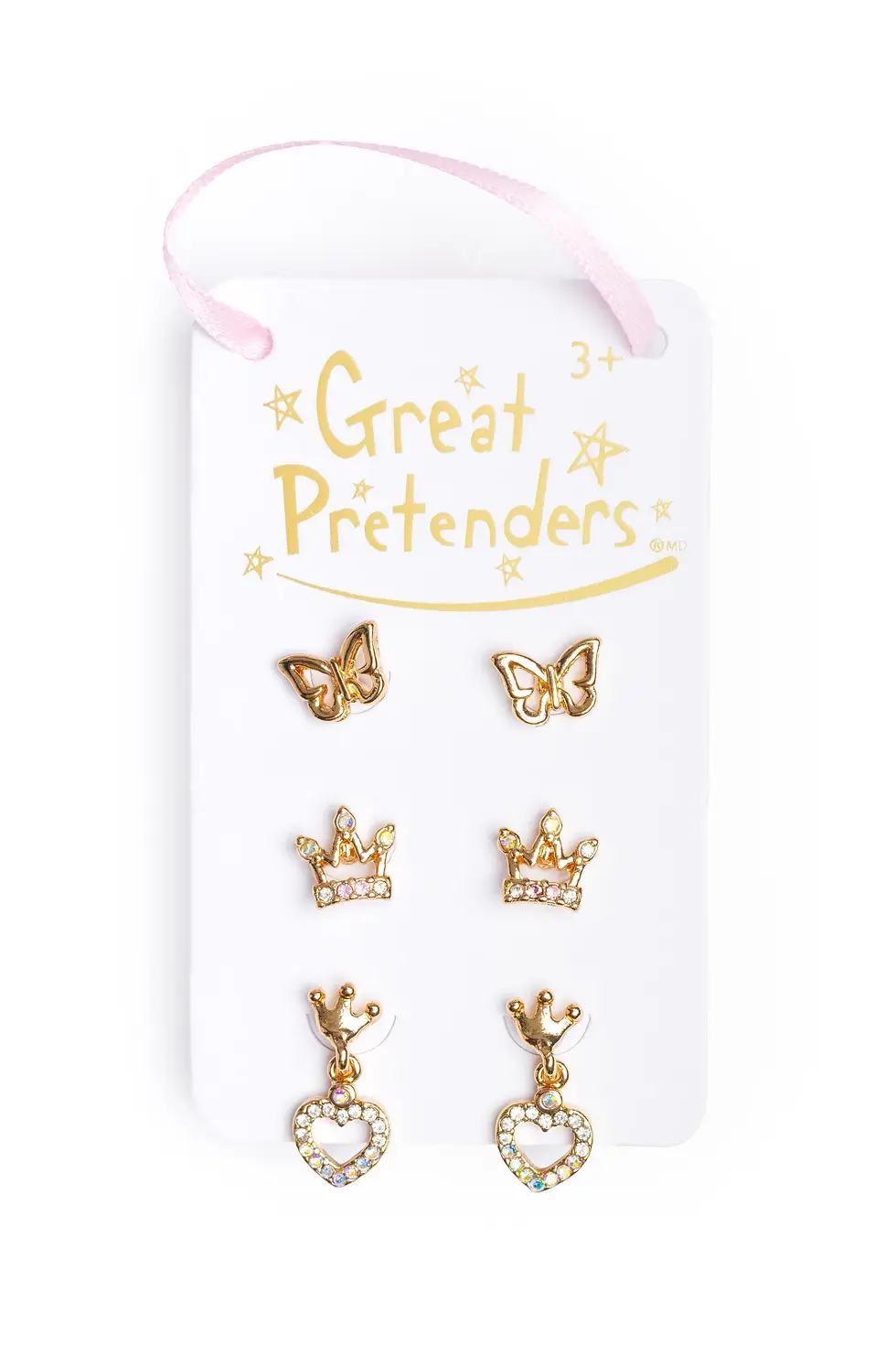 3 pairs of child's stud earrings - butterfly, heart & crown shapes gold-colored & crystals - carded
