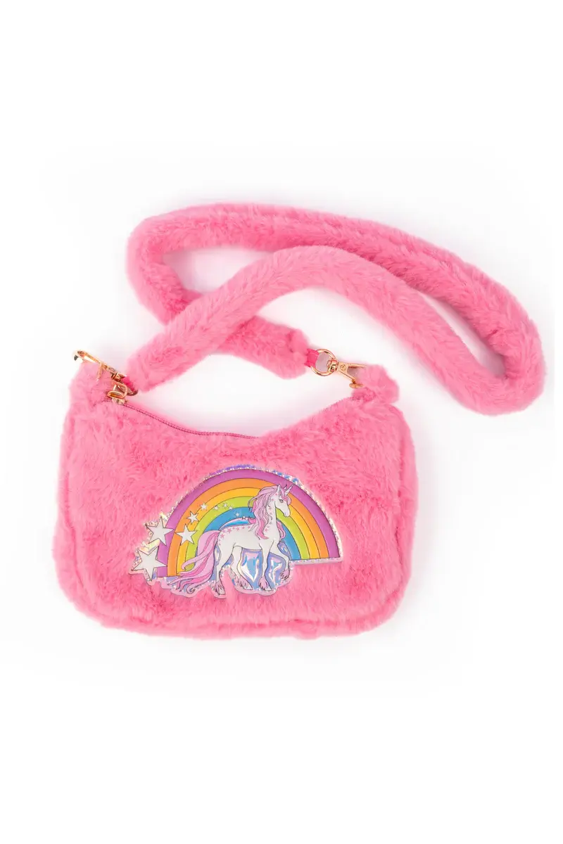 Fuzzy pink crossbody purse with embroidered rainbow