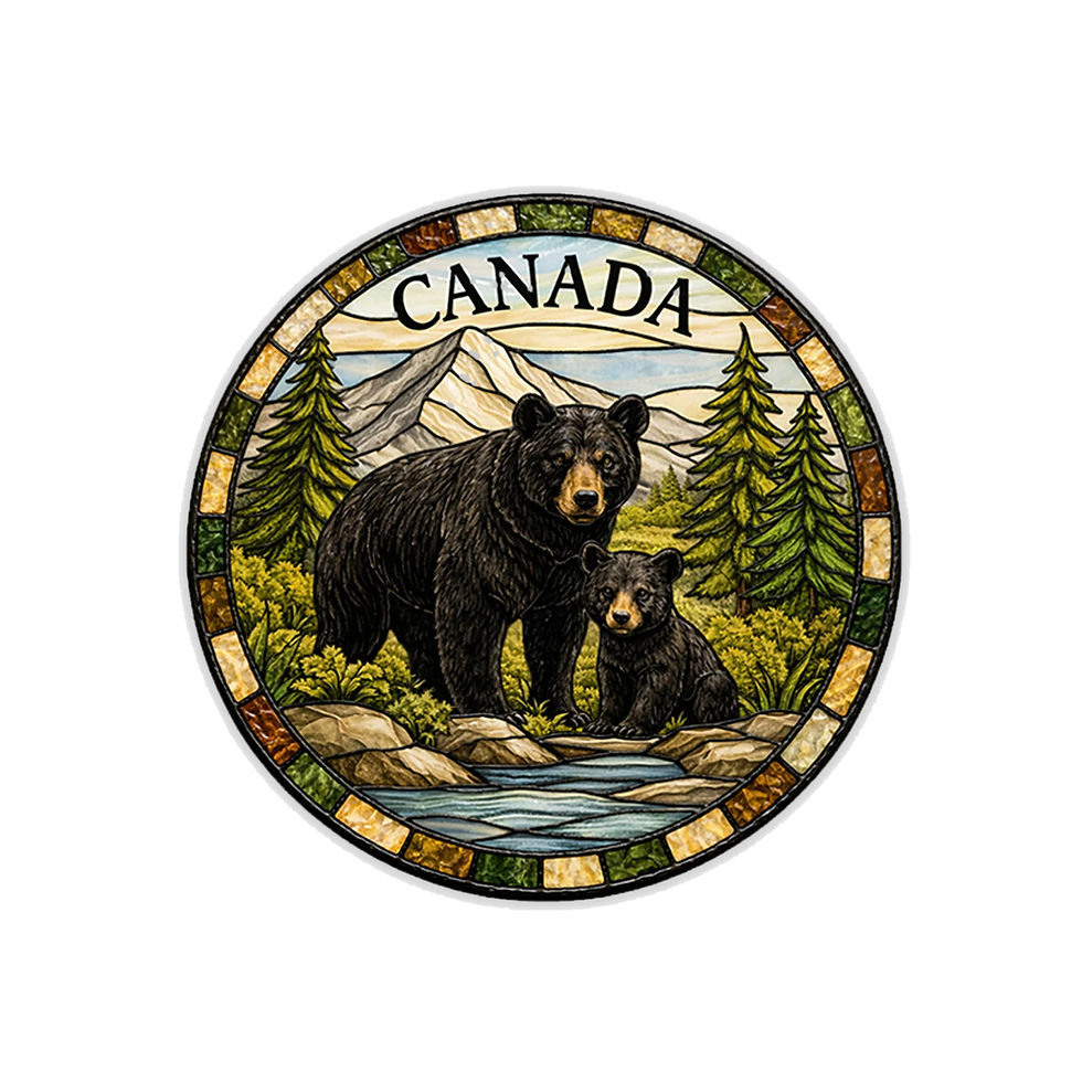 A round 3D ceramic magnet featuring a stained glass style illustration of a black bear and cub in the mountains at Tickled Pi