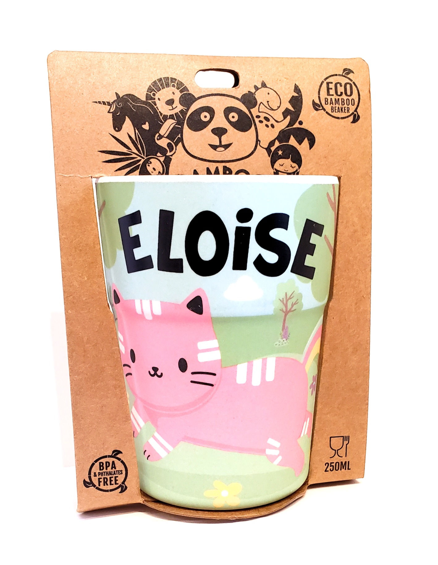 Colorful kids beaker with image of pink cat & black text 'Eloise' in brown cardboard packaging with panda logo