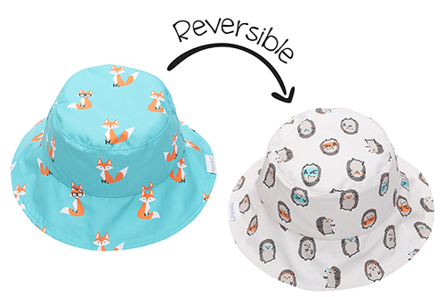 2 Sun Hats-left aqua with orange fox print, right white with gray hedgehog