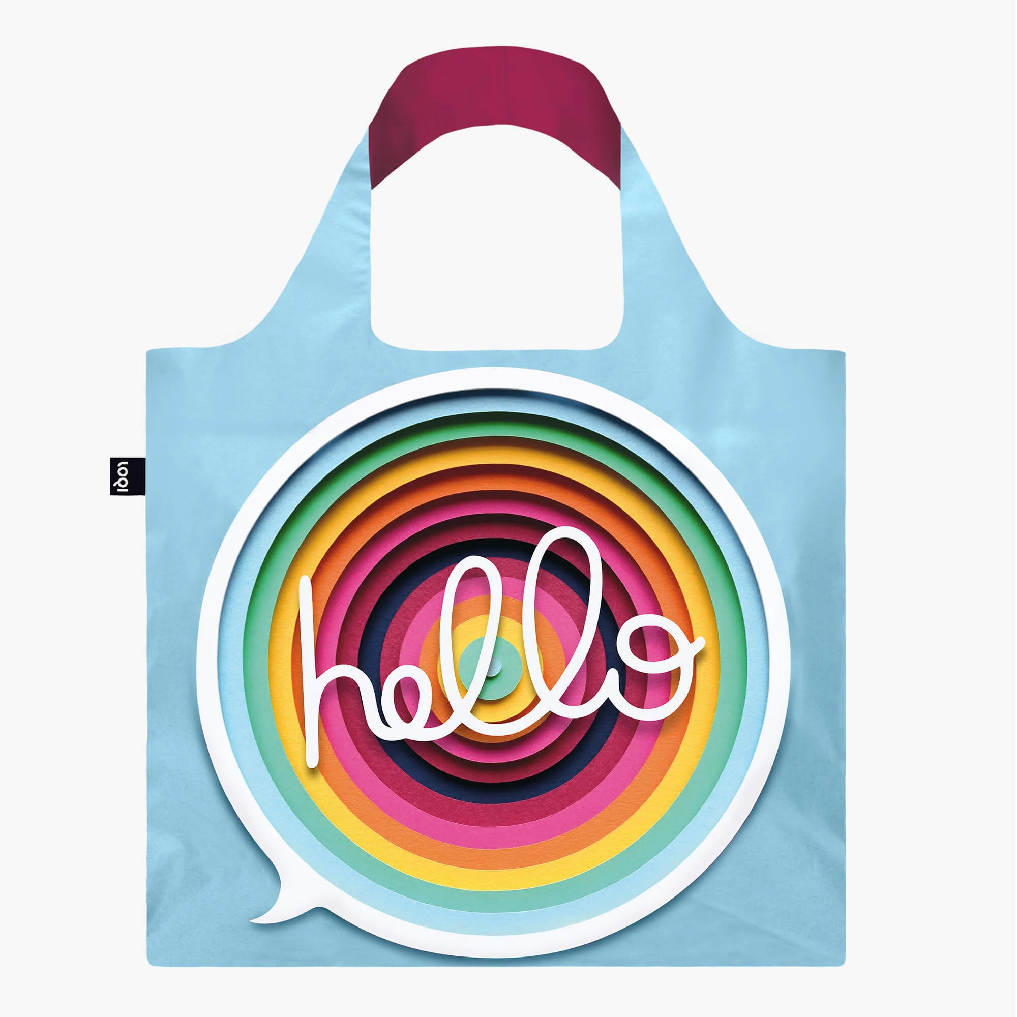 Blue wide-handled reusable cloth shopping bag with multi-colored concentric circles print & white cursive text, 'Hello'