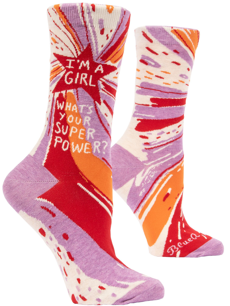 Side view of socks with bright red, yellow and mauve shooting star pattern, text 'I'm a Girl, what's your Superpower?'