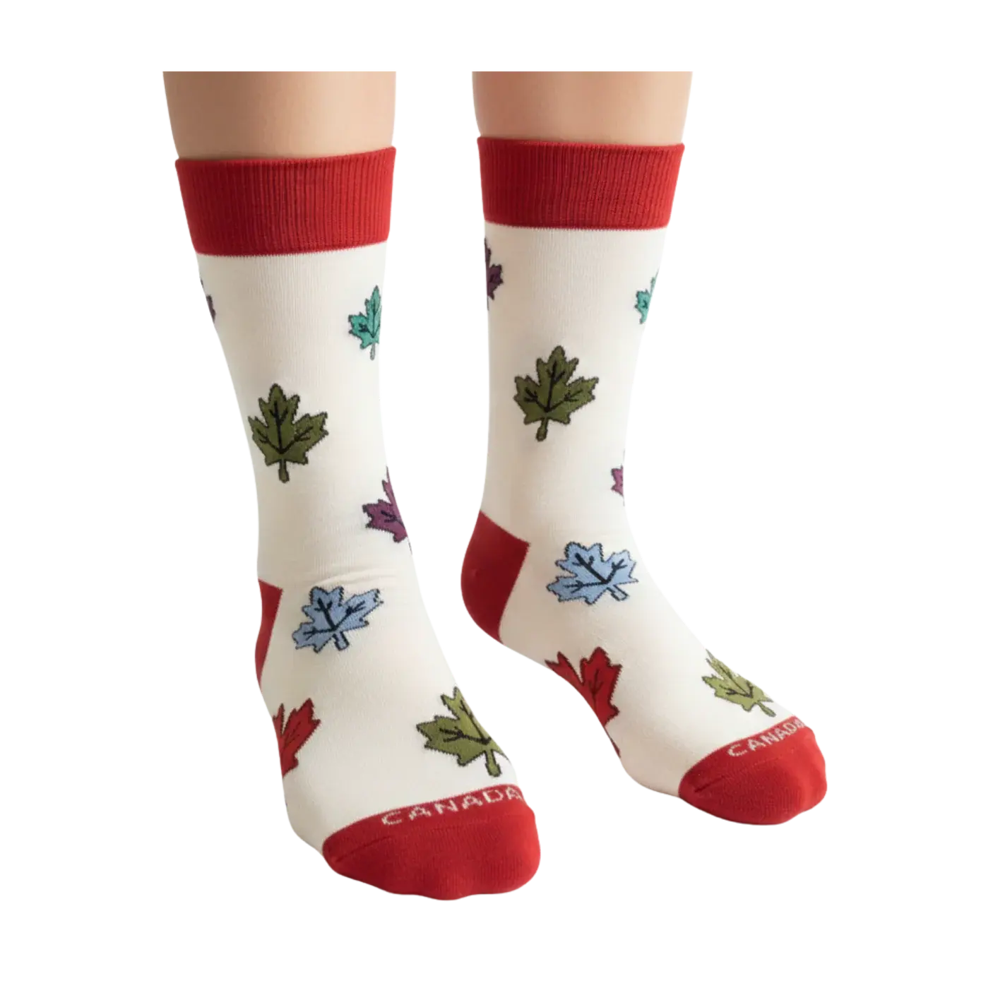 Right view of white socks with colourful maple leaf print at Tickled Pink Ottawa