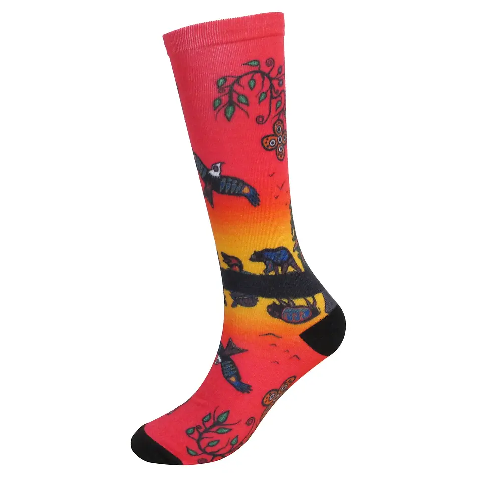 Side view of orange sock with reproduction of artist Cody Houle's painting 'Seven Grandfather Teachings'