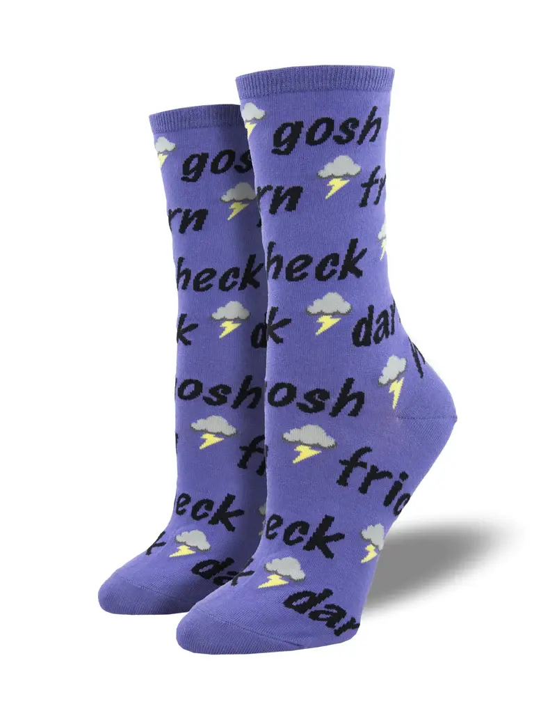 Pair of purple socks with print of black text, 'Gosh, darn, heck, frig'