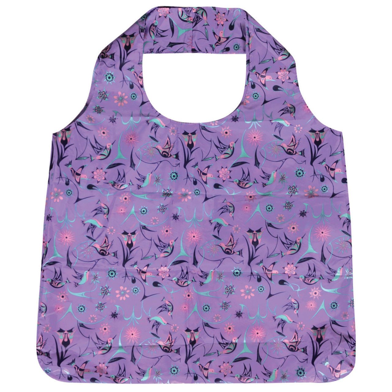 Wide handled purple reusable shopping bag printed with Nicole La Rock's 'Hummingbirds'