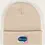 Thumbnail: Oatmeal knit beanie with small pink & blue speech bubble patch on front brim