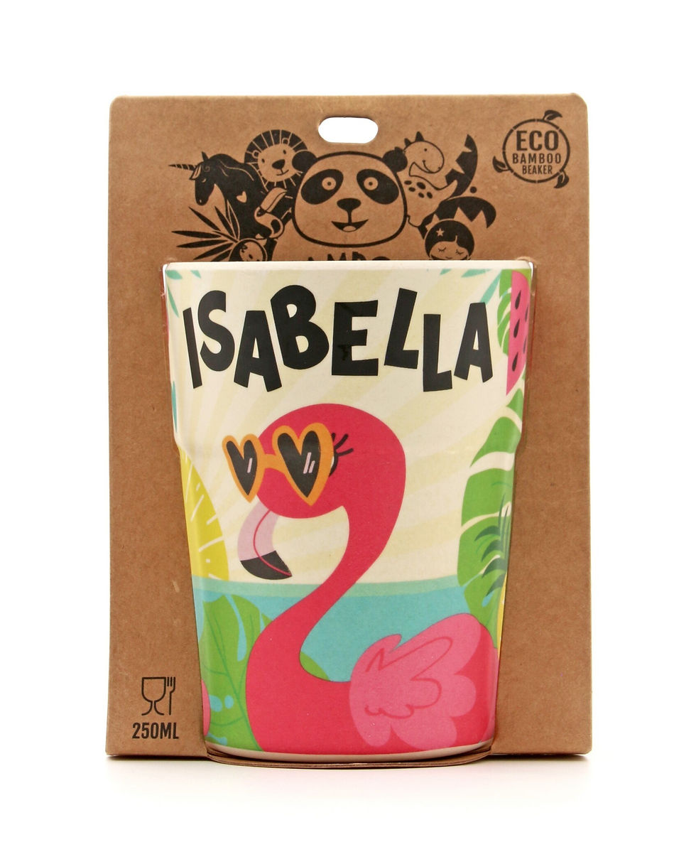 Colorful kids beaker with image of pink flamingo & black text 'Isabella' in brown cardboard packaging with panda logo