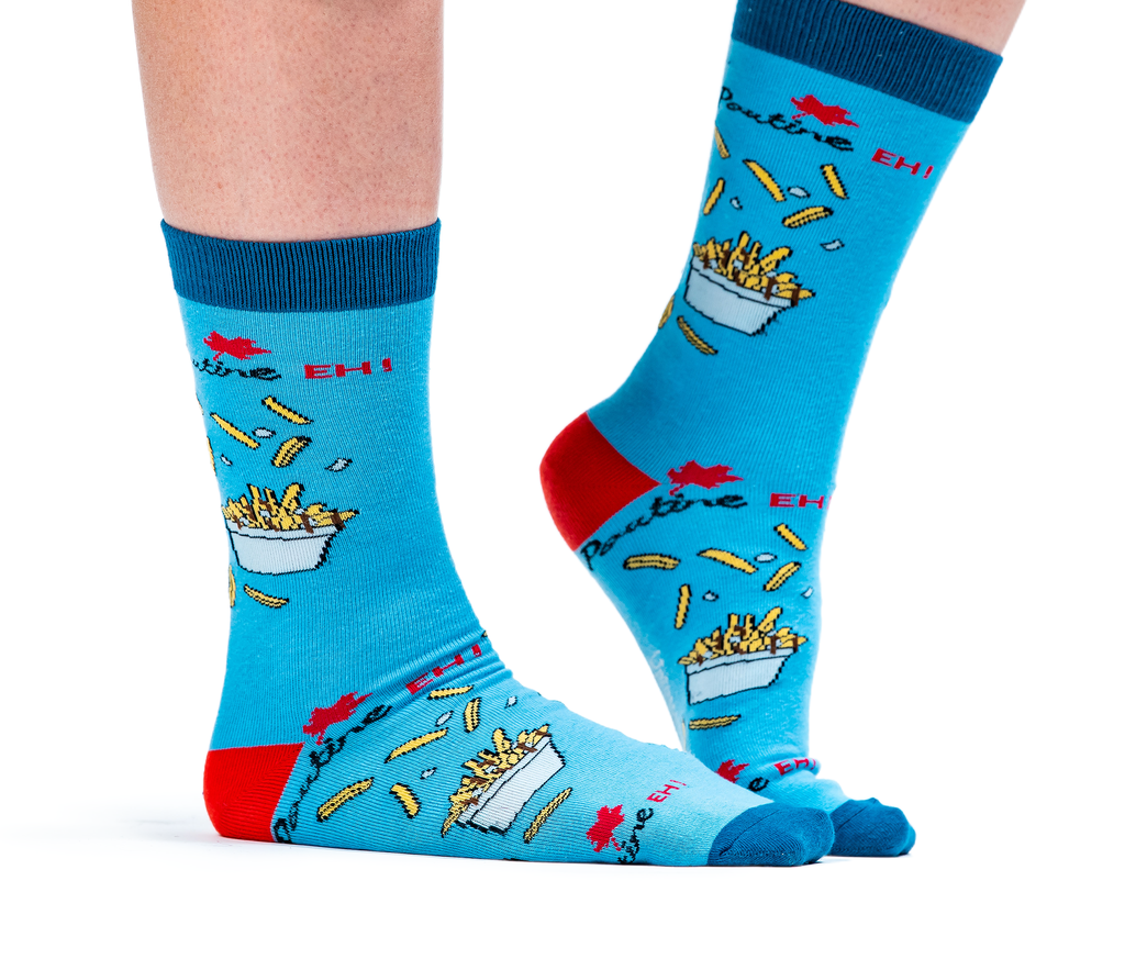 Bright blue women's crew socks with images of styrofoam containers of poutine, red maple leaves & the words 'Poutine Eh'