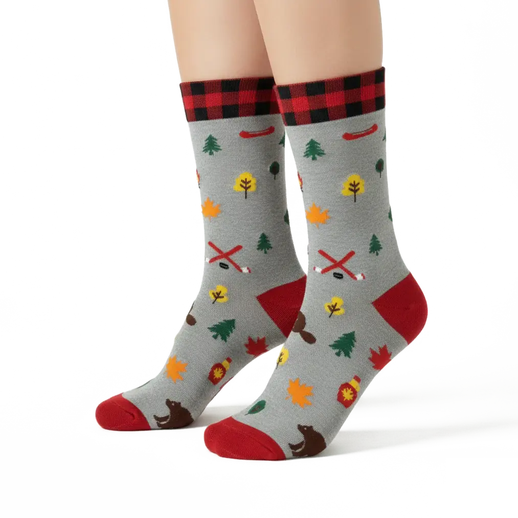 Left view of grey socks with red buffalo check & outdoor camping print at Tickled Pink Ottawa