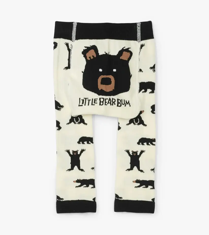 Back view of the Little Blue House Bear Bum baby tights featuring a bear graphic at Tickled Pink.