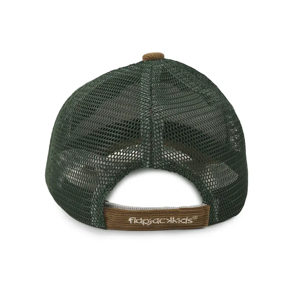 Thumbnail: he back view of a green FlapJackKids alligator cap featuring breathable mesh and an adjustable corduroy strap at Tickled Pink