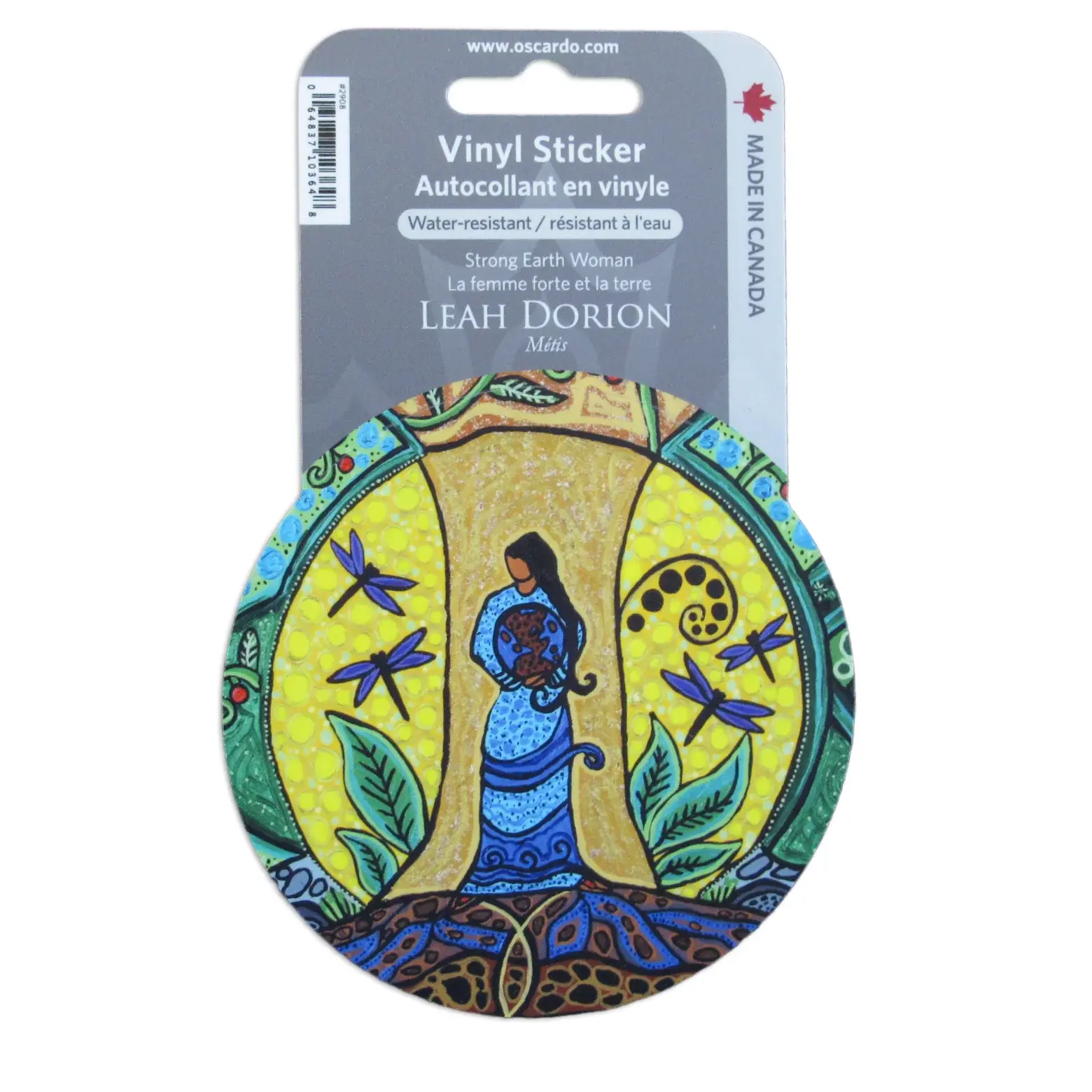 Gray & white paper hanger for vinyl sticker with reproduction of artist Leah Dorion's 'Strong Earth Woman'