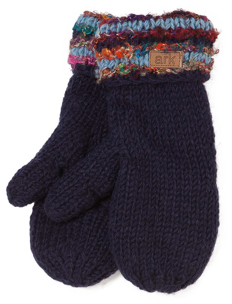 Thumbnail: Solid navy knit wool mittens with multi-colored silk & wool cuffs