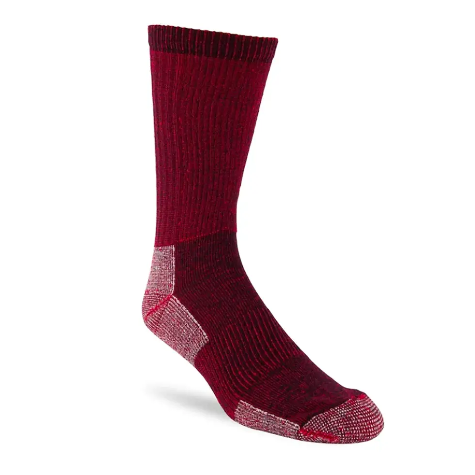 Side view of red & black sock with white heel & toe