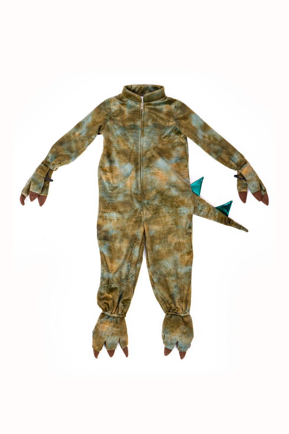 Thumbnail: Front view of brownish green raptor costume