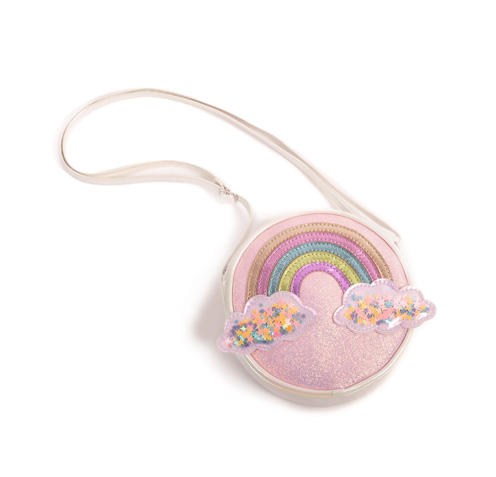 Round pink purse with pastel rainbow & sequined fabric clouds design on front & long strap