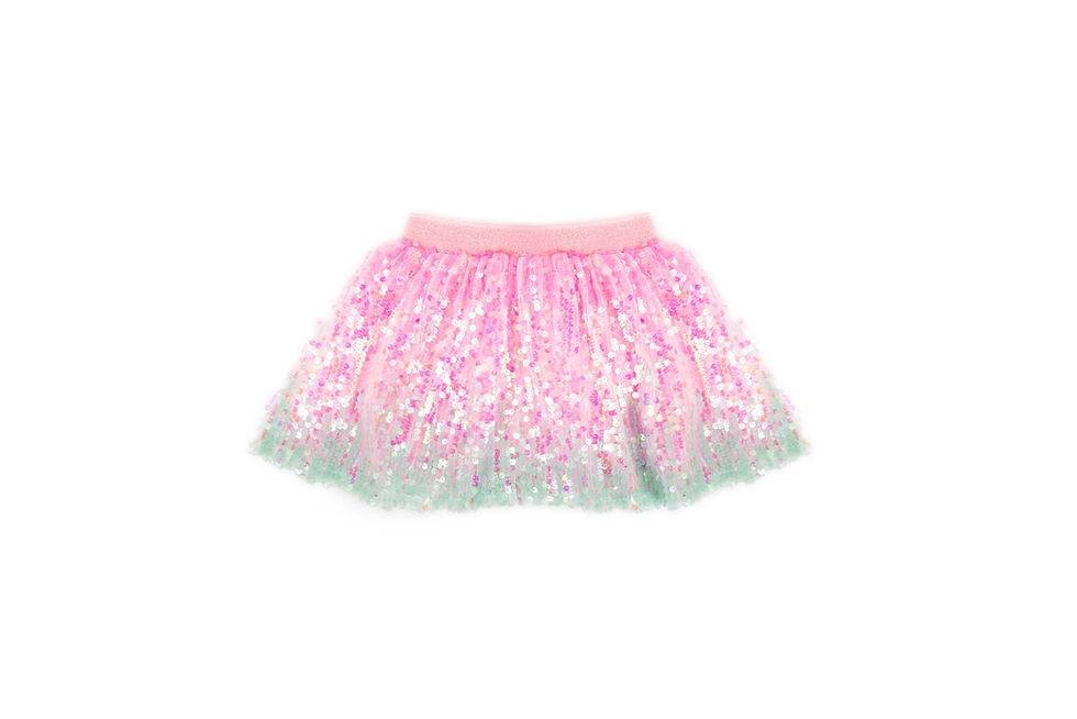 he standalone sequinned Sorbet Swirl Skater Skirt showing its glitzy elastic waistband and flared design at Tickled Pink.