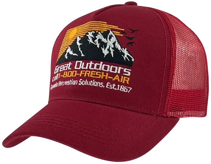 Red baseball cap with Great Outdoors Mountain Scene
