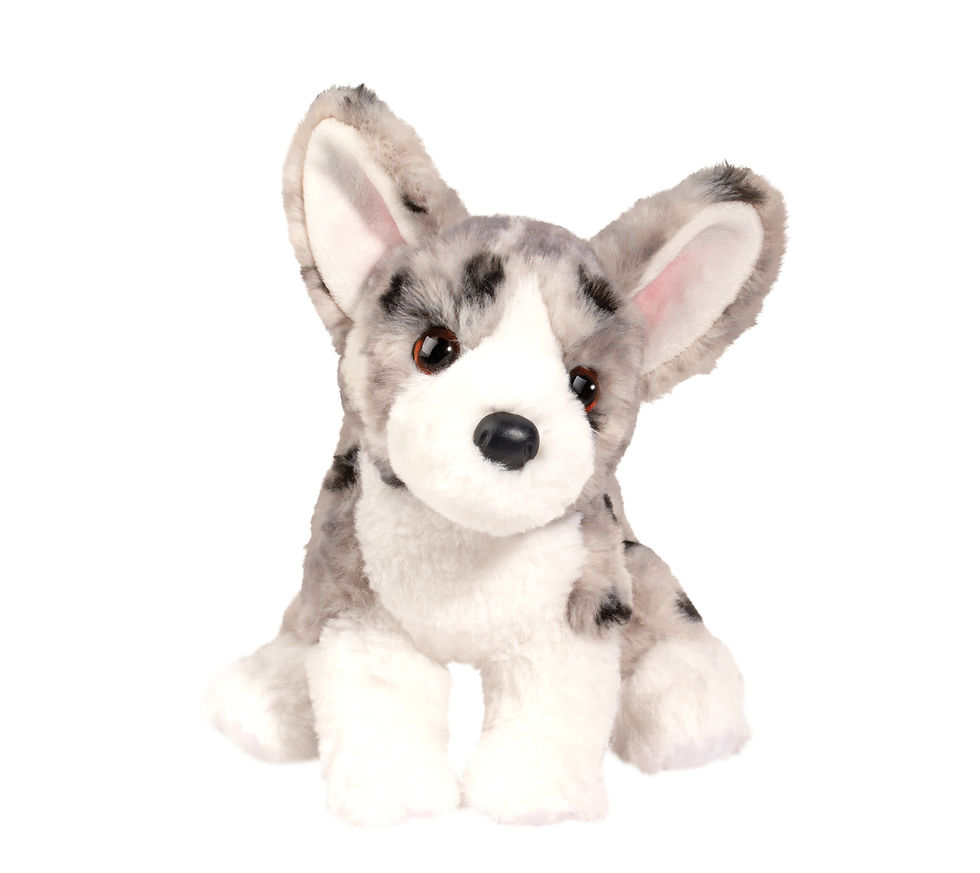 Soft plush tan, black & white corgi stuffed toy in seated position with big ears