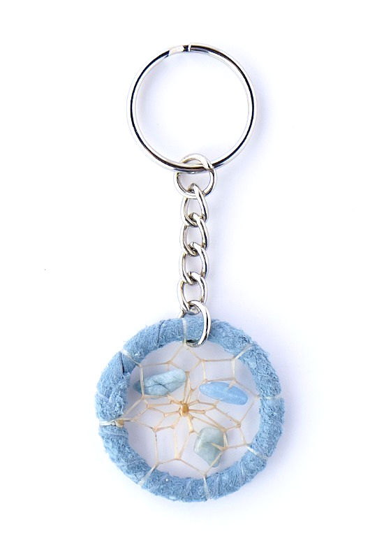 Blue leather dream catcher with aquamarine stones in web & keychain attached