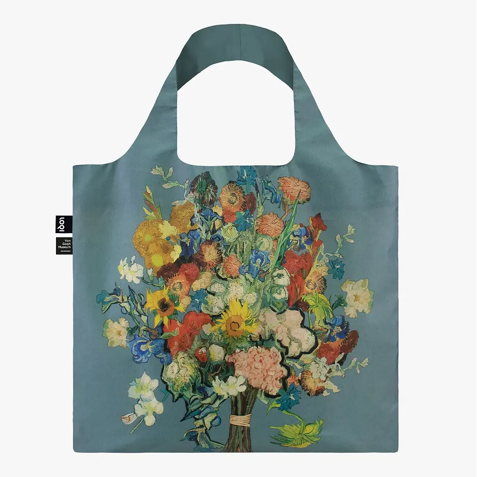 Thumbnail: Front of wide-handled blue reusable shopping bag with mixed color bouquet print by Van Gogh