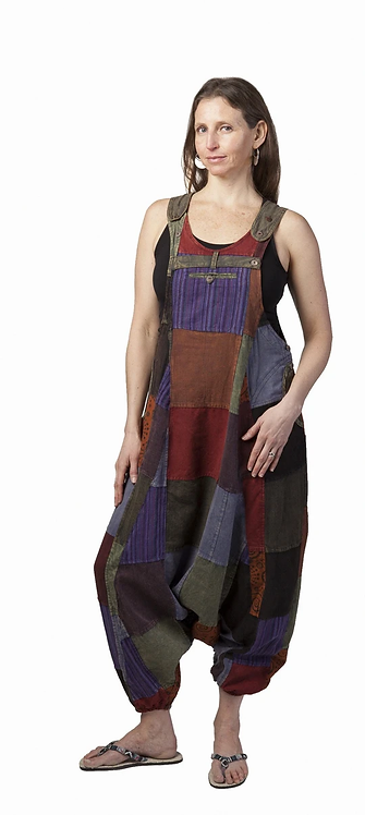 Ark Fair Trade Eclipse Patch Overalls multicoloured purple, gold, brown, maroon baggy aladdin style overalls with