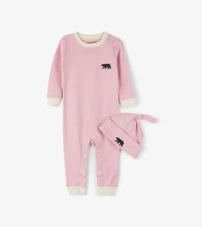 Little Blue House Pink Little Bear Bum baby sleeper and matching knotted hat set at Tickled Pink.