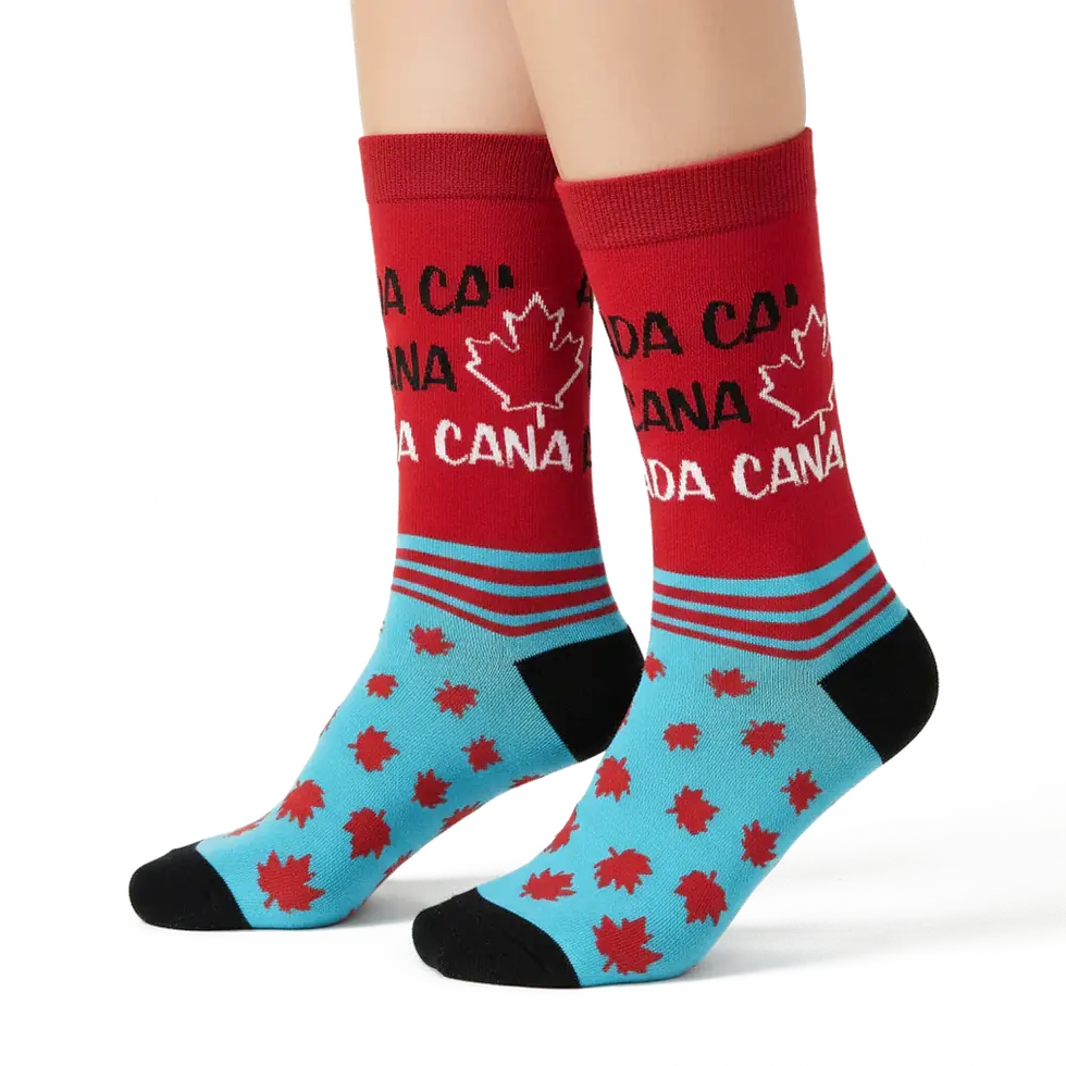 Left view of red & blue socks with maple leaf print at Tickled Pink Ottawa