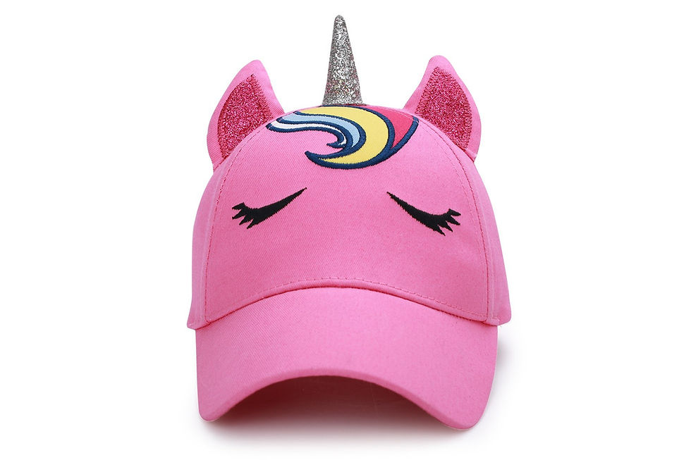 Thumbnail: Front view of pink cap with ears, silver horn & unicorn mane embroidery