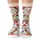 Thumbnail: Front view of pair of light gray socks with red, brown & green print of maple leaf, beaver, sugar shack & more Canadian icons