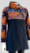 Front view of black zipper cholo jacket with rust & blue print on chest & sleeves