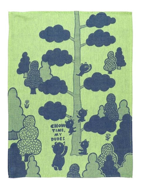 Thumbnail: Green on green patterned dishcloth with mama bear looking at babies in tree, text 'Chow Time My Dudes'