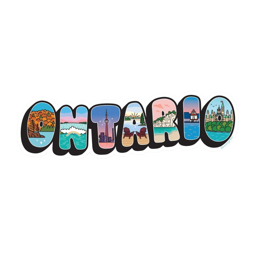 An Ontario postcard style magnet featuring iconic provincial landmark illustrations inside each letter at Tickled Pink.