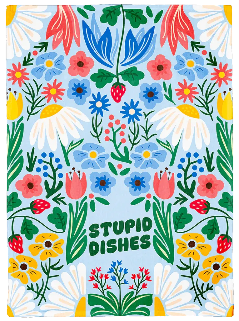 Full flat view of the Stupid Dishes floral pattern dish towel by Uptown Sox at Tickled Pink Ottawa.